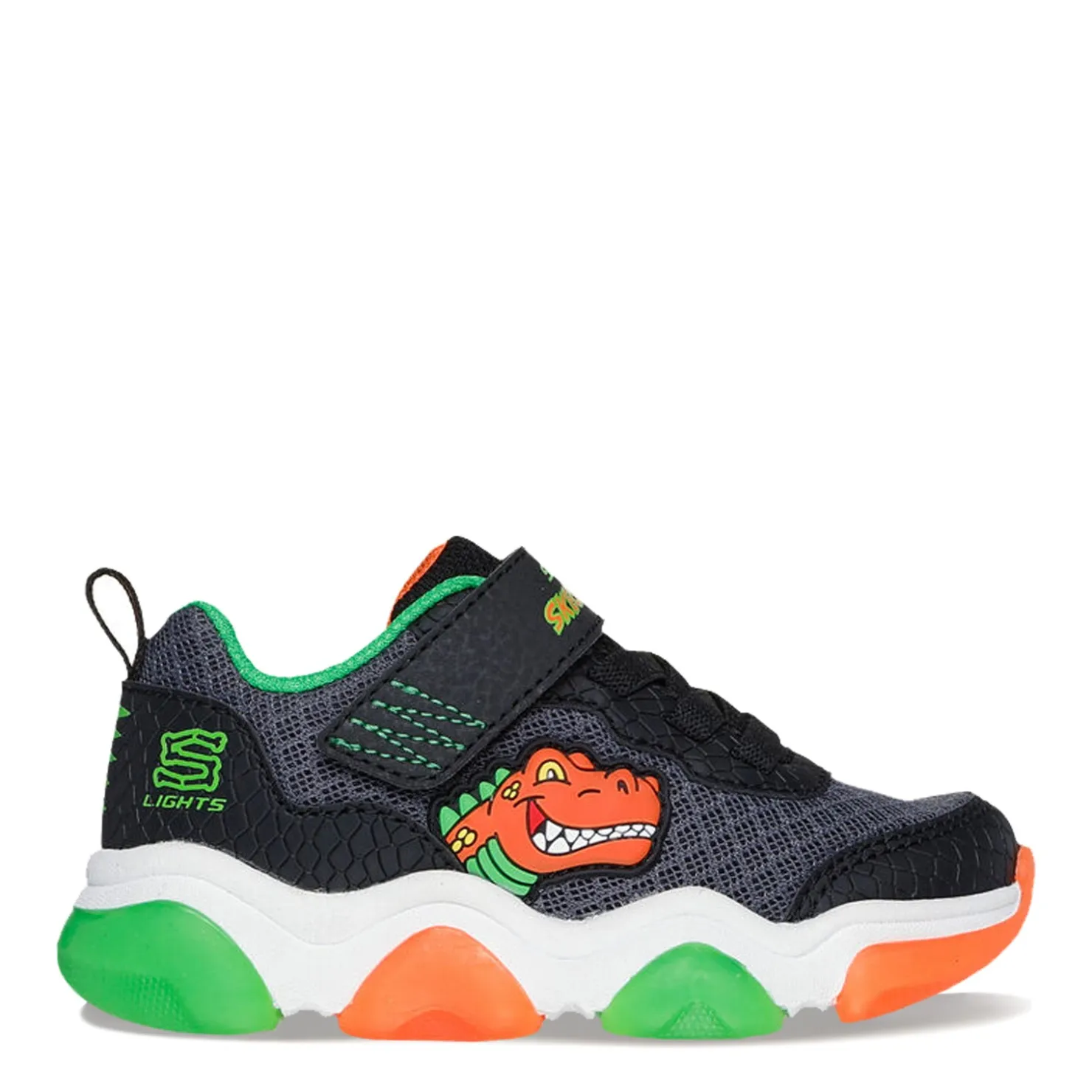 Toddler (3.5-10)*Skechers Boy's , Mighty Glow 2.0 - Dino-Bolt Sneaker - Toddler Black/Orange/Green