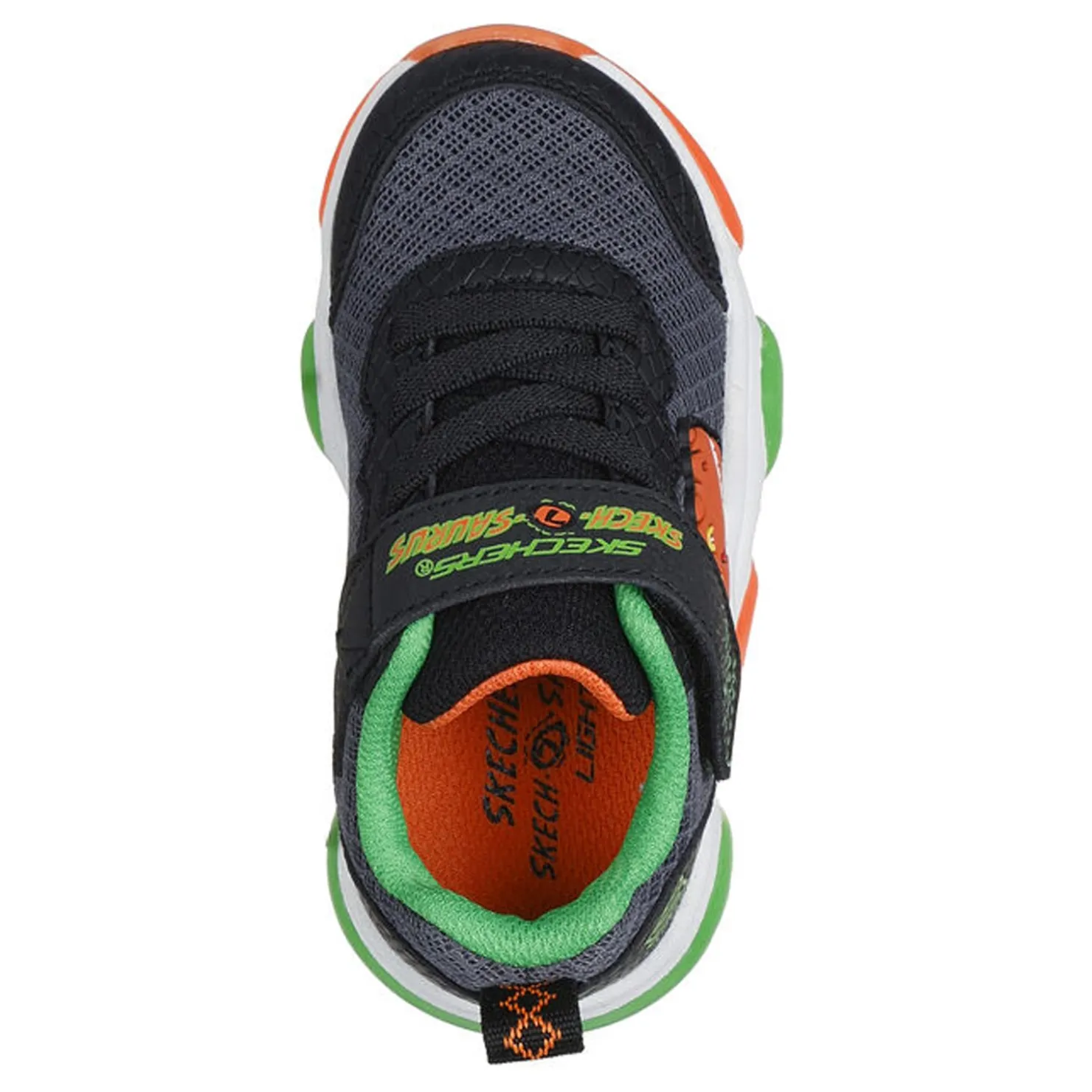 Toddler (3.5-10)*Skechers Boy's , Mighty Glow 2.0 - Dino-Bolt Sneaker - Toddler Black/Orange/Green
