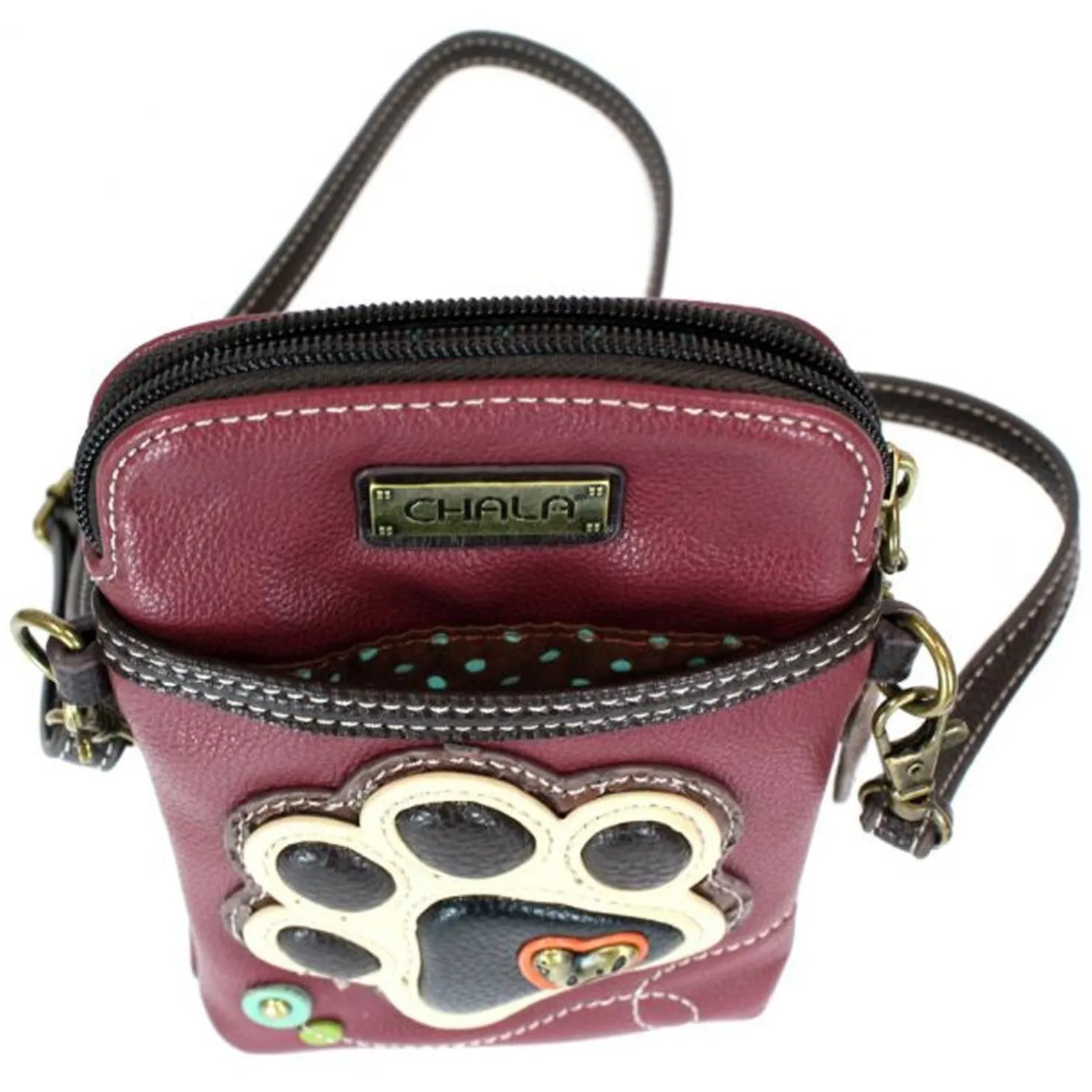 Handbags*Chala , Ivory Paw Print Cell Phone Crossbody Burgundy