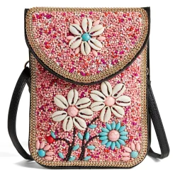 Handbags*Coco & Carmen , Artisan Beaded Crossbody Pink Floral