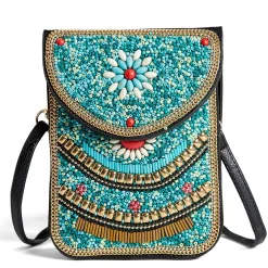 Handbags*Coco & Carmen , Artisan Beaded Crossbody Turquoise Floral