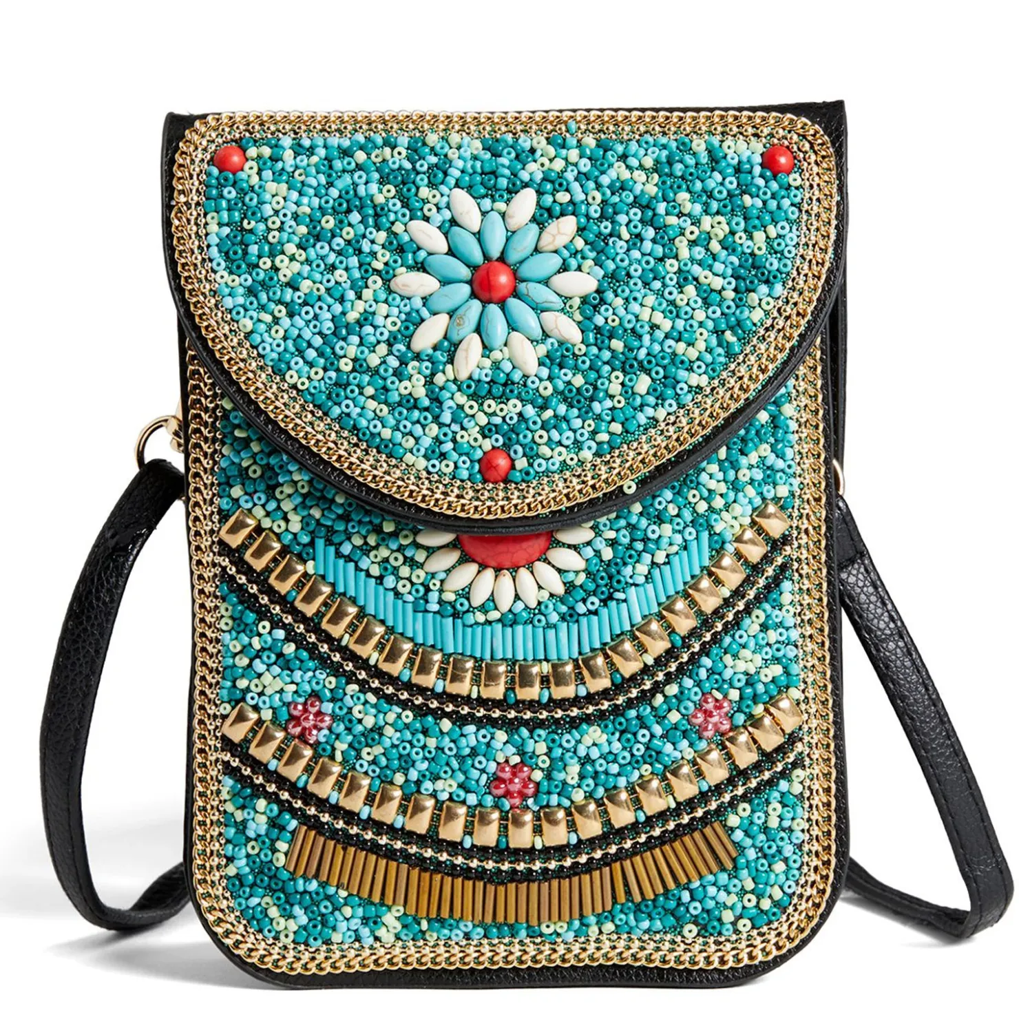 Handbags*Coco & Carmen , Artisan Beaded Crossbody Turquoise Floral