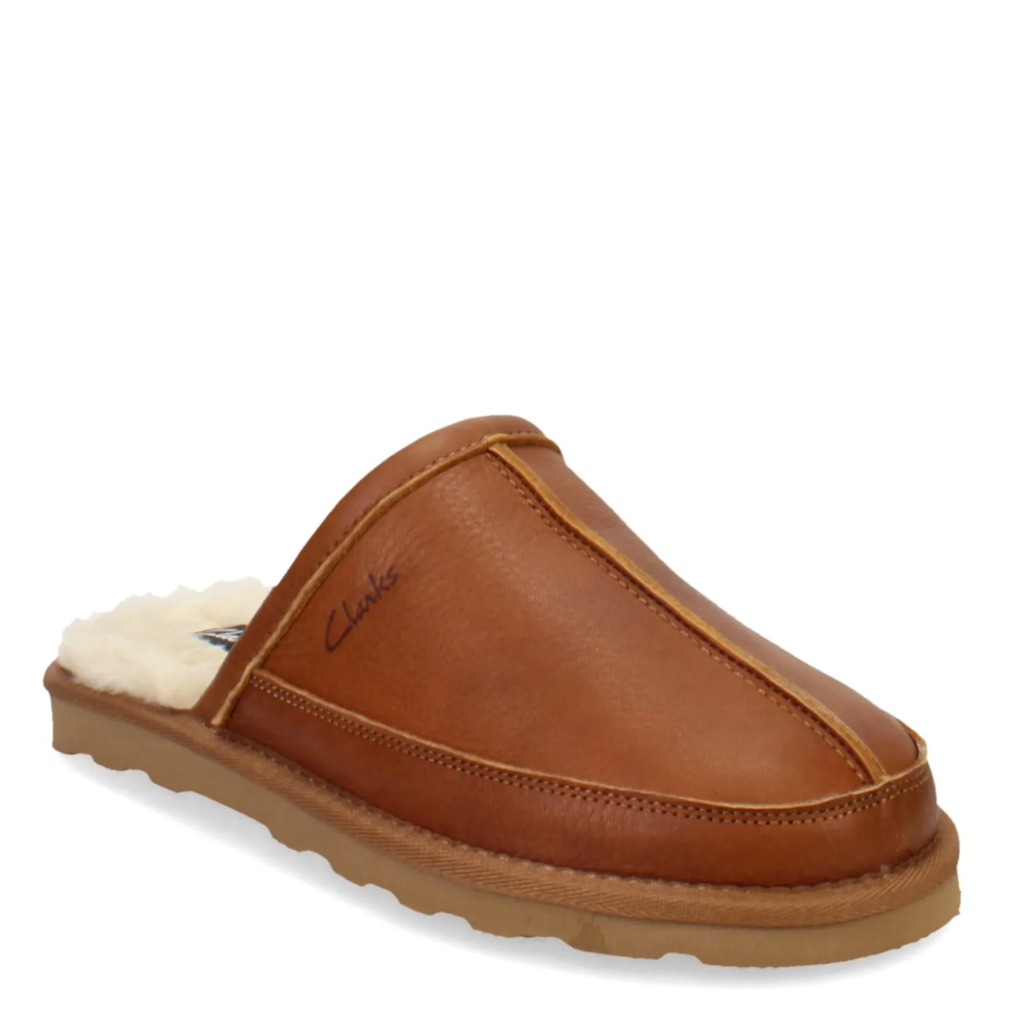 Slippers*Clarks Men's , Leather Scuff Slipper Cashew